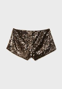 Lesklé šortky v tmavohnedých a bronzových tónach, s malými plochými flitrami po celom povrchu a priliehavým strihom s elastickým pásom.