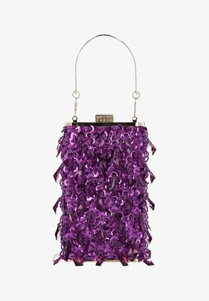Fioletowa torebka z cekinowym wzorem i zwisającymi ozdobami. Posiada metalową ramę z zapięciem i srebrną rączkę.