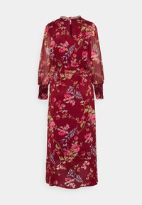 Vestido de comprimento médio em burgundy com padrão floral. Mangas longas semitransparentes, decote com babados e punhos franzidos. Fecho na parte de trás com abertura.