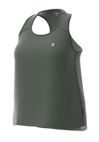 Donkergroen sporttanktop met een ronde hals, racerback ontwerp, gestructureerde stof en een klein logo op de borst.
