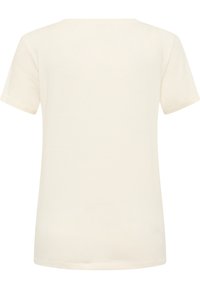 Cream-colored cotton t-shirt with short sleeves, a rounded neckline, and a plain texture; back view showcases a simple, unadorned design.