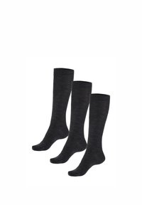 Dunkelgraue Socken, Dreierpack, kniehohes Design, gerippte Bündchen, weiche Textur, glattes Material, einheitliche Farbe, keine sichtbaren Muster.