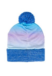 Berretto blu chiaro con effetto gradiente che sfuma verso il viola, dotato di un pom-pom blu in peluche e di un risvolto lavorato a maglia blu nella parte inferiore.