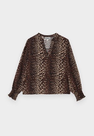 Leopardimustriga pluus V-kaelusega, pikkade varrukatega ja elastsete mansettidega. Valmistatud pehmest, kergest kangast pruunide ja beežide toonide kombinatsioonis.