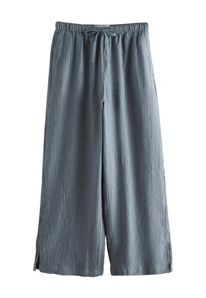 Lightweight, crinkled fabric in gray; wide-legged design with an adjustable drawstring waistband; features side slits at the hem.