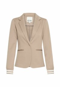 Beige Blazer mit taillierter Passform, Reverskragen, zwei Fronttaschen und gestreiften Manschetten. Hergestellt aus einem glatten Stoff mit minimalen Details.