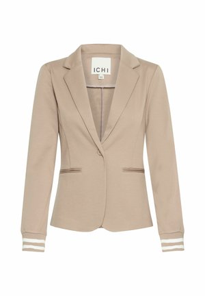 Beige Blazer mit taillierter Passform, Reverskragen, zwei Fronttaschen und gestreiften Manschetten. Hergestellt aus einem glatten Stoff mit minimalen Details.