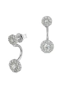 Boucles d'oreilles en argent avec deux éléments circulaires ornés de cristaux, présentant un design en arche, mettant en valeur plusieurs petites pierres regroupées.