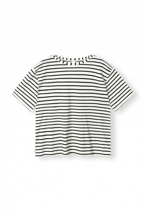 Kurzärmliges, Rundhals-T-Shirt in Weiß mit schwarzen horizontalen Streifen. Aus weichem Stoff gefertigt, bietet es eine lockere Passform und einen geraden Saum.