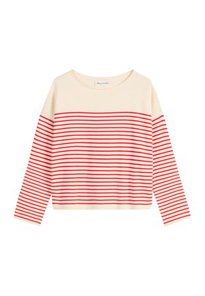 Pull crème à rayures rouges horizontales, col rond large et manches longues. Tissu doux avec ourlet et poignets côtelés.