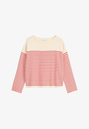 Cremefarbener Pullover mit horizontalen roten Streifen, weitem Rundhalsausschnitt und langen Ärmeln. Weicher Stoff mit geripptem Saum und Bündchen.