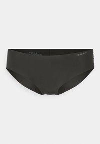 Črne bikini hlačke DKNY iz gladkega materiala. Imajo srednje visoko zasnovo z brezšivnim pasom in diskretnim logotipom v modri barvi.