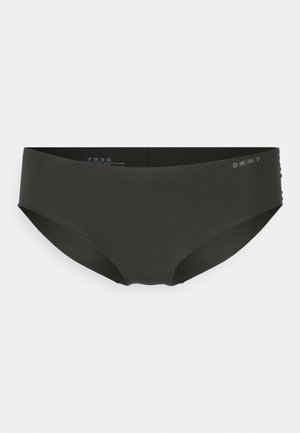 Parte inferiore di bikini nera DKNY in tessuto morbido. Presenta un design a vita media con un elastico senza cuciture e un branding sottile in blu.