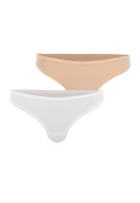Deux paires de culottes femme en tanga : l'une en nude et l'autre en blanc, fabriquées à partir d'un tissu lisse avec un design minimaliste et sans accessoires visibles.