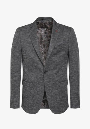 Blazer homme gris foncé texturé avec un bouton noir unique, revers crantés, poche poitrine et doublure intérieure à motif.
