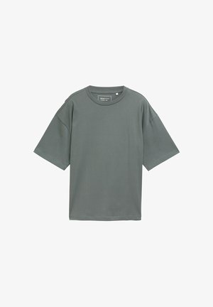 Szara, krótki rękaw T-shirt wykonany z gładkiego materiału; ma okrągły dekolt i luźny krój z opadającymi ramionami. Brak wzorów i akcentów.