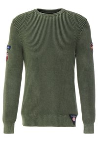 Olijfgroen gebreid sweater met een gestructureerd patroon, geribbelde boorden en onderrand, en logo patches op beide mouwen.