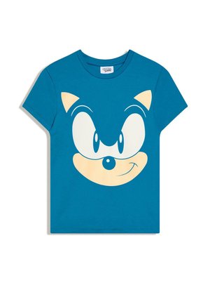 Kék rövid ujjú póló, elöl nagy grafikával, amely Sonic the Hedgehog mosolygó arcát ábrázolja.