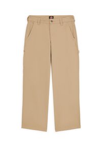 Beige cargobroek met een reguliere pasvorm, voorzien van zijzakken en een knoopsluiting. Gemaakt van lichtgewicht stof, wat veelzijdigheid en comfort biedt.