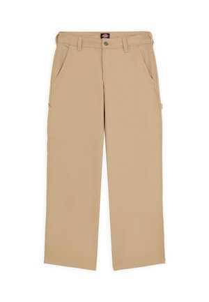 Pantaloni cargo beige con vestibilità regular, dotati di tasche laterali e chiusura con bottone. Realizzati in tessuto leggero, offrono versatilità e comfort.
