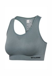 Grijze naadloze sportbeha met racerback-ontwerp en hummel-logo gedrukt op de onderste linkerzijband.