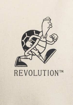 Cotton fabric featuring a black graphic of a turtle character in a running pose, with the word "REVOLUTION™" printed below.