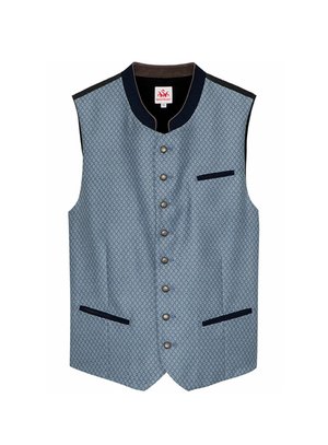 Sleeveless vest in light blue fabric with a geometric pattern, featuring a dark blue collar, front buttons, and two inset pockets.
