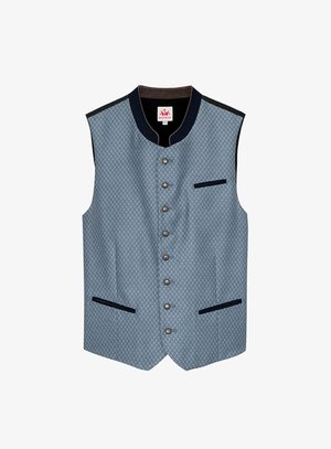 Chaleco sin mangas de tejido azul claro con un patrón geométrico, con un collar azul oscuro, botones en el frente y dos bolsillos insetados.