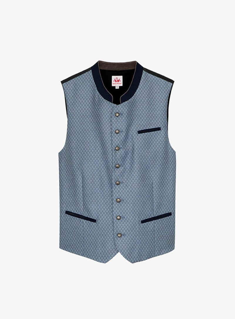 Bezramenný vest v světle modré látce s geometrickým vzorem, s tmavě modrým límcem, předními knoflíky a dvěma vsazenými kapsami.