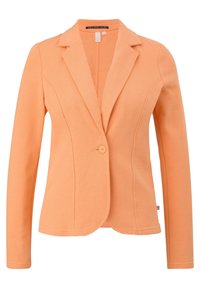 Blazer color melocotón hecho de una tela suave, con solapas de muesca, cierre de un solo botón y mangas largas con detalles de costura cuidadosos.