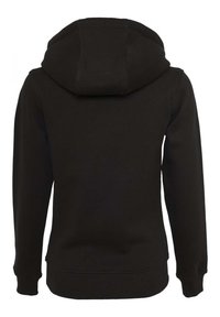 Black hoodie with a large, rounded hood, long sleeves, and ribbed cuffs and hem. Made from a soft fabric with a smooth texture.