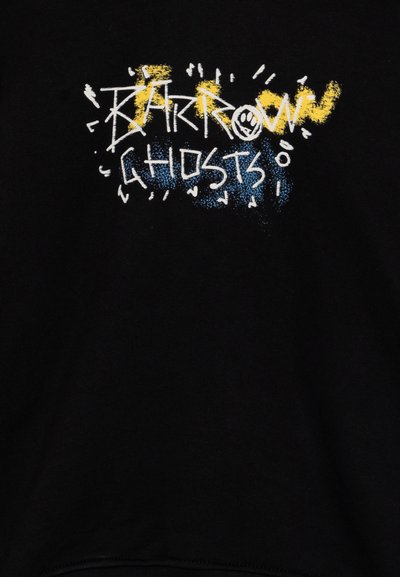 Felpa nera con un design grafico con la scritta "BARROW" in giallo e "GHOSTS" in blu, circondata da motivi di spruzzi bianchi.