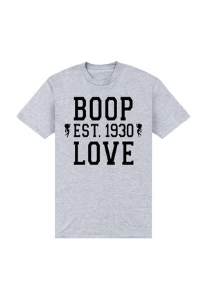 Grå bomulds t-shirt med fed sort tekst, der står "BOOP EST. 1930 KÆRLIGHED." Designet inkluderer legende grafiske accenter på hver side af teksten.