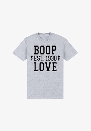 Graues Baumwoll-T-Shirt mit fettem schwarzen Text, der "BOOP EST. 1930 LOVE." lautet. Das Design enthält verspielte grafische Akzente auf beiden Seiten des Textes.