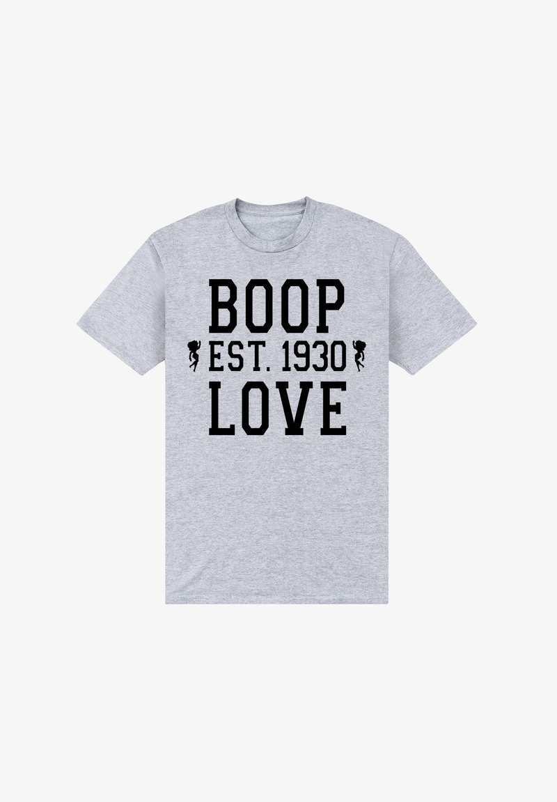 T-shirt grigio in cotone con grande testo nero che recita "BOOP EST. 1930 LOVE." Il design include elementi grafici giocosi su entrambi i lati del testo.
