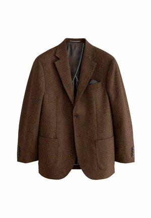 Chaqueta de tweed marrón con solapa muesca, dos bolsillos frontales y acentos de puños con cuatro botones. Interior forrado con detalle de pañuelo de bolsillo.