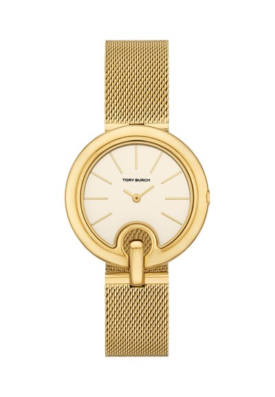 Goldfarbene Tory Burch Armbanduhr mit Mesh-Armband, minimalistischem Zifferblatt, goldenen Stundenmarkierungen und Zeigern, mit einzigartigem rundem Verschlussdesign.