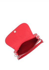 Red leather handbag with a rounded flap, silver hardware, and a fabric-lined interior. Features a chain-handle attachment.