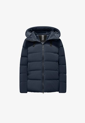 Giubbotto imbottito navy con zip frontale, cappuccio staccabile e design a trapunta orizzontale. Presenta fascette nere di accentatura sulle spalle.
