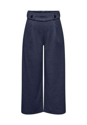 Marinefarbene, weit geschnittene Hose mit hoher Taille, vorderen Falten und zwei dekorativen Knöpfen am Bund. Weicher Stoff mit glatter Textur.