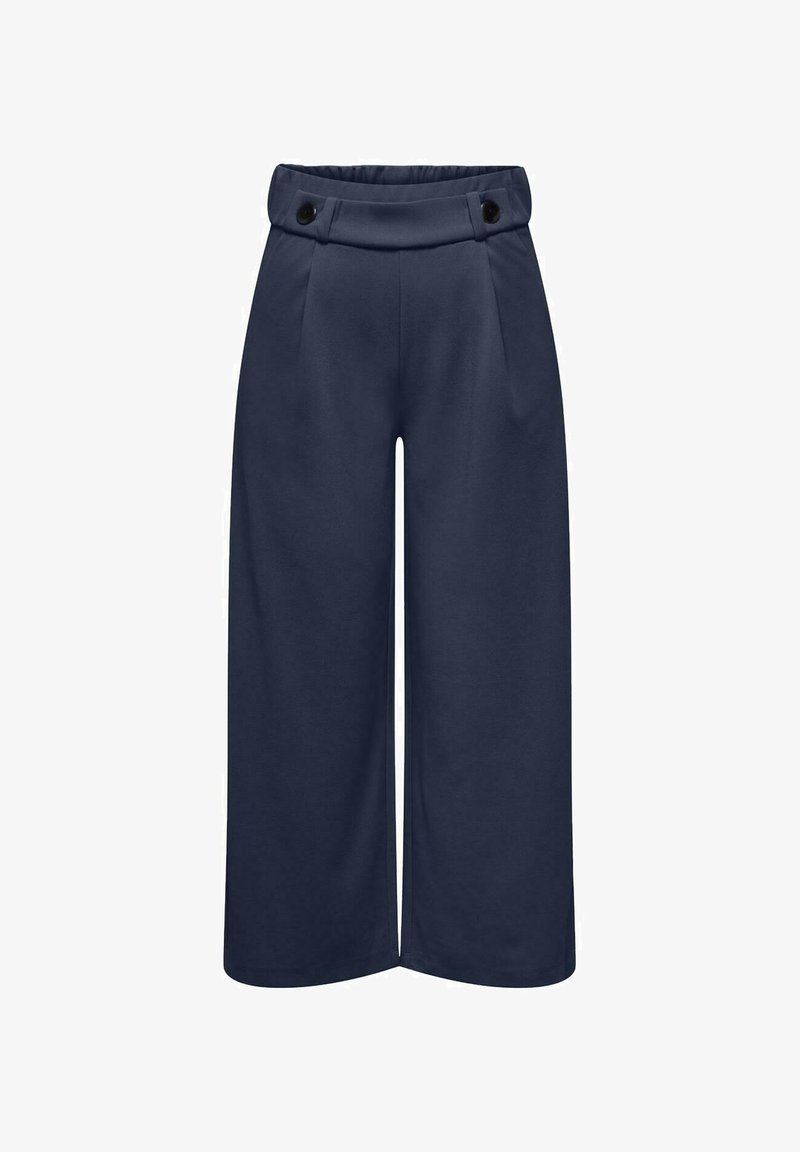 Navy wijde broek met hoge taille, voorplooien en twee decoratieve knopen op de taille. Zachte stof met een gladde textuur.