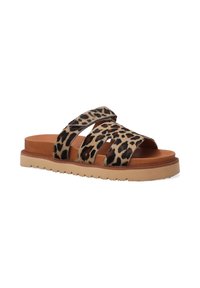 Leopardmønstret slidesandaler med to brede stropper, en polstret sål og en struktureret gummisål. Farven har nuancer af tan og brun.