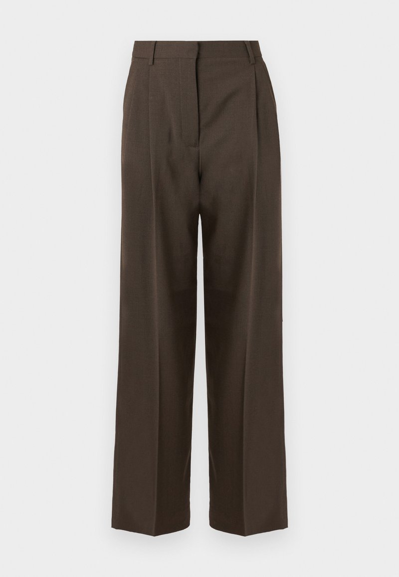Brown wide-leg trousers with a smooth texture, featuring a high waist, front pleats, and a tailored design. No visible pockets or embellishments.