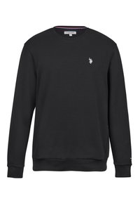 Černá mikina s dlouhým rukávem a kulatým výstřihem, s malým bílým vyšitým logem U.S. Polo Assn. na levé hrudi.