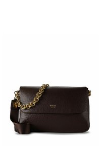 Brown leather crossbody bag with a textured finish, gold chain and strap, magnetic flap closure, and embossed logo.