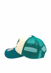 Grüne und cremefarbene Trucker-Cap mit strukturiertem Vorderteil, Netzrückseite und gebogenem Schirm. Mit Logo-Stickerei auf der Vorderseite.