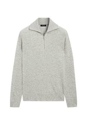 Grijze trui met opstaande kraag en een ritssluiting tot een kwart. Gemaakt van geribbelde stof, voorzien van lange mouwen en een aangesloten zoom.