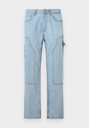 Light blue denim cargo pants with a straight leg, featuring large side pockets, contrasting stitching, and a button closure at the waist.