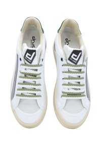 White leather sneakers with green accents, textured grey suede toe cap, textured laces with green stripes, and black logo on the tongue.