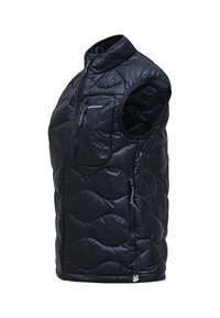 Black sleeveless puffer vest with a quilted design, zippered front pocket, and side pockets; lightweight, smooth texture, and high collar.